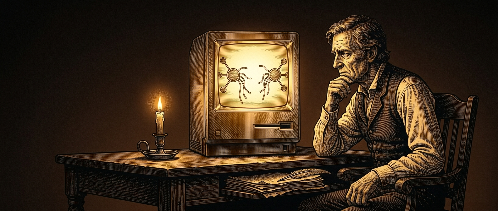 Vintage engraving of a developer at a desk facing a broken network connection on screen