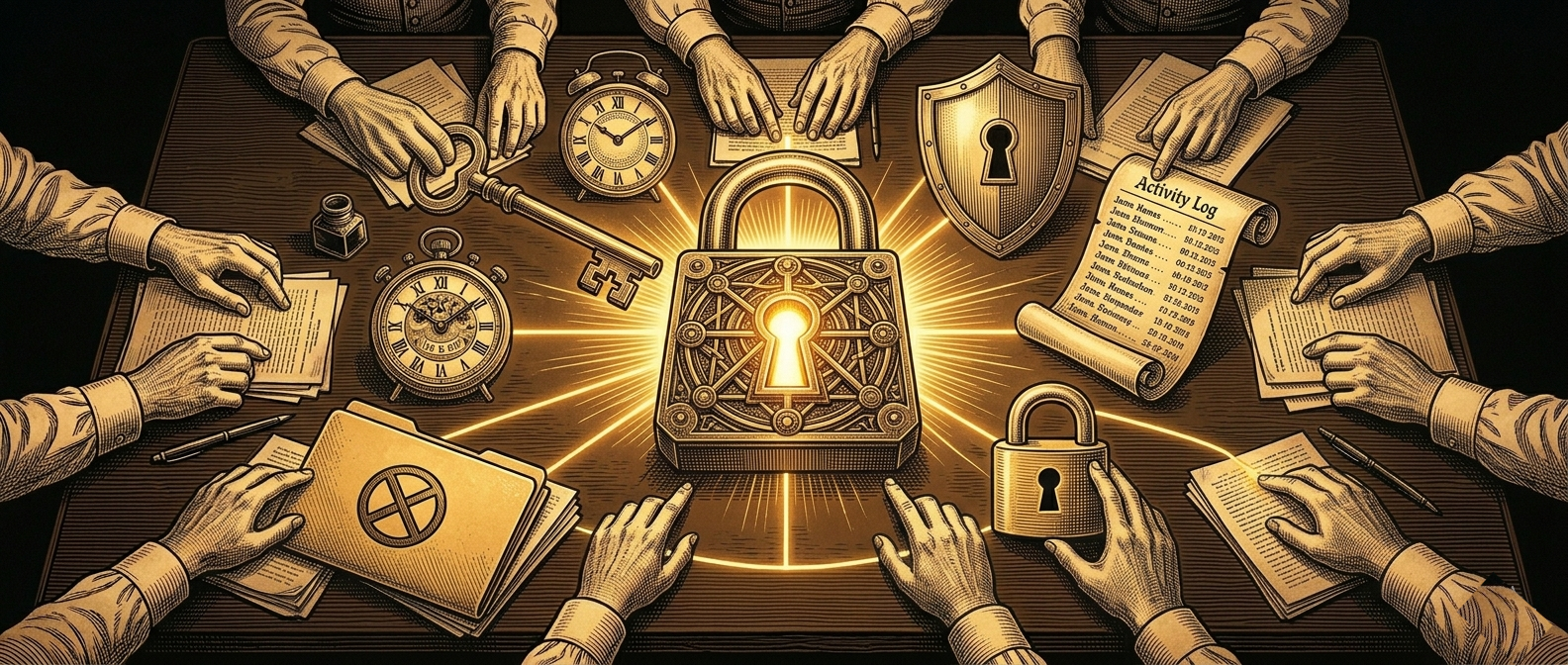 Vintage engraving of a glowing mechanical lock surrounded by security symbols with a key being inserted