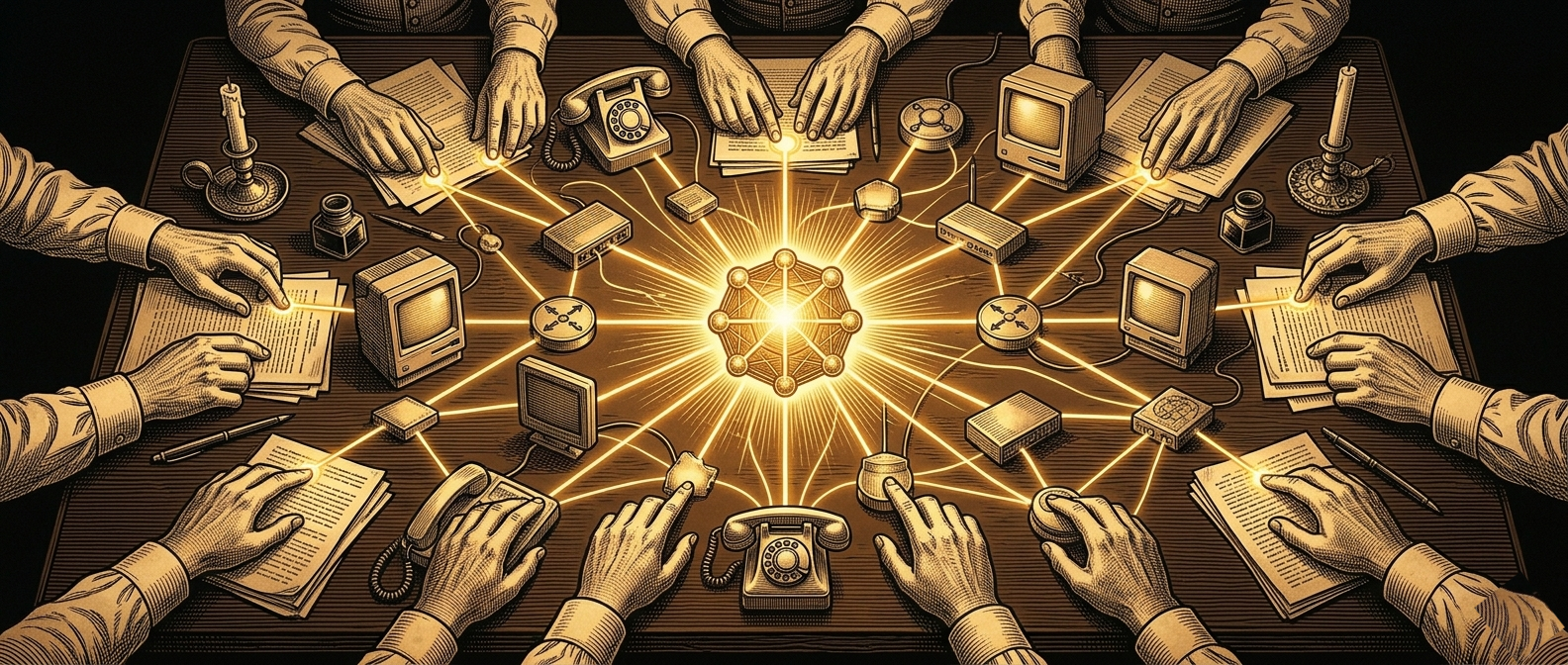Vintage engraving overhead view of hands touching glowing network nodes on a desk